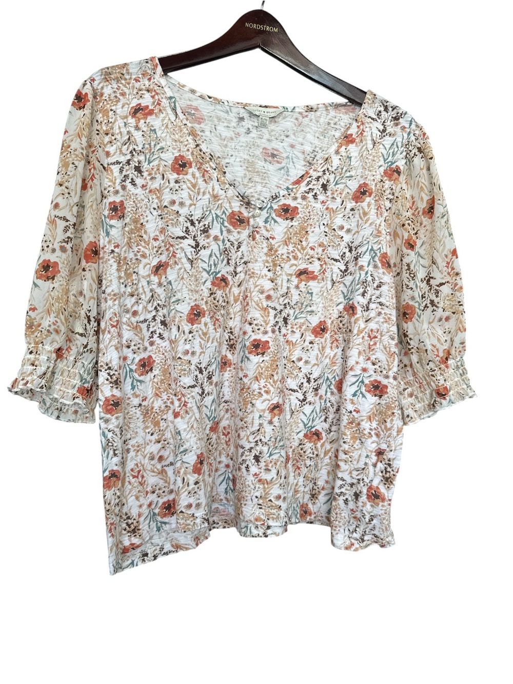 Lucky Brand Cream Floral V-Neck Blouse with Rust and Sage Accents